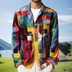 ✈️2ST = FRAKTFRIET✈️Unisex Simple Rainbow Color Plaid Vintage Printed Lapel Långärmad skjorta med fickor