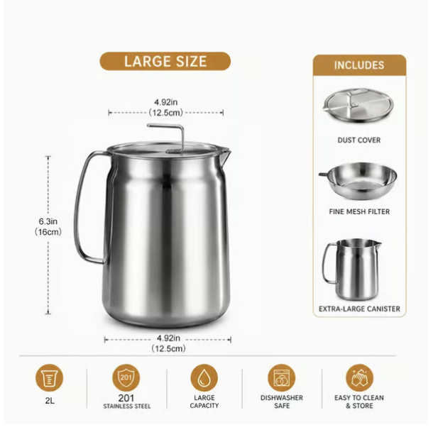 68oz 201 ruostumattomasta teräksestä valmistettu uppopaistin korilla ja siivilällä, suuri pekonirasvasäiliö keittiöön, paistamiseen, ruoanlaittoon, retkeilyyn, öljysuodatinsäiliö - astianpesukoneen kestävä