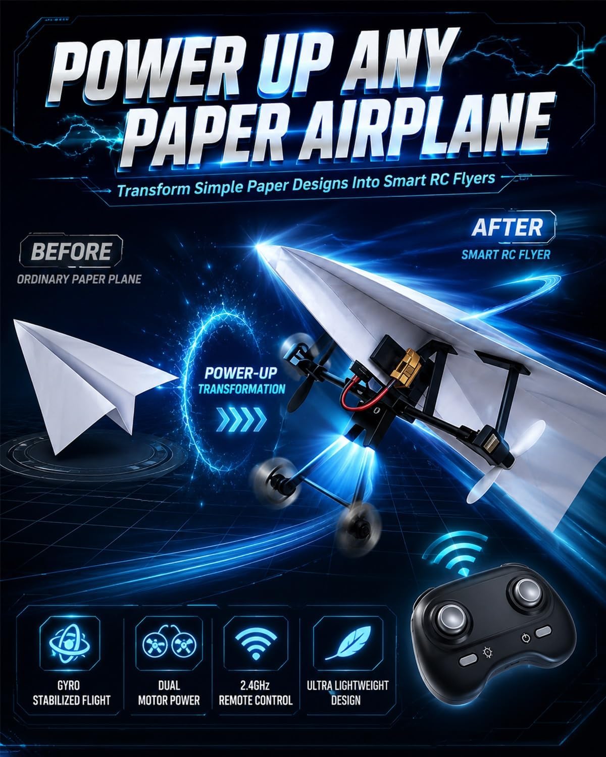 Up RC -paperilentokonepaketti gyroskooppivakaimella - DIY-sähköinen kauko-ohjattava lentokone kaksoispotkureilla, helppo taitto lentävä STEM-lelu