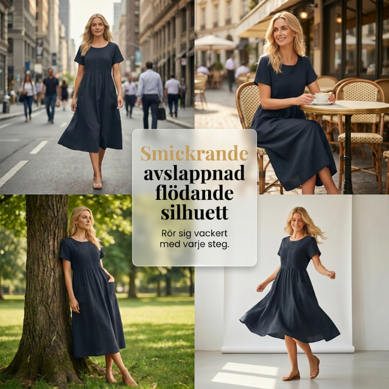 👗 50% ALE! ✨ Naisten laskostettu mekko lyhyillä hihoilla ja taskuilla – puuvilla-pellavasekoitetta, mukava ja täydellinen kesään ☀️
