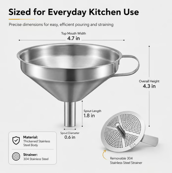 🍳 Kestävä keittiösuppilo paksunnetusta ruostumattomasta teräksestä ja 304-suodattimella