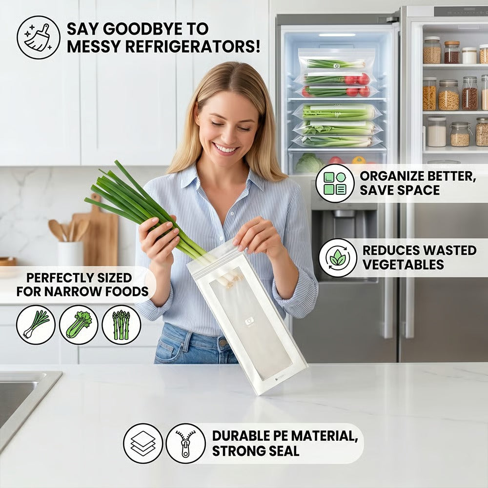 🥬 50/100 kpl uudelleenkäytettäviä pitkiä säilytyspusseja, kaksinkertaisella vetoketjulla suljettavia tuoreuspusseja keittiöön