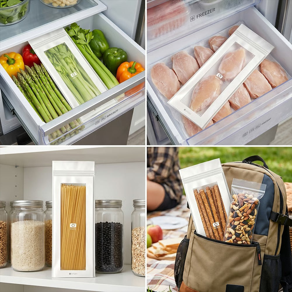 🥬 50/100 kpl uudelleenkäytettäviä pitkiä säilytyspusseja, kaksinkertaisella vetoketjulla suljettavia tuoreuspusseja keittiöön