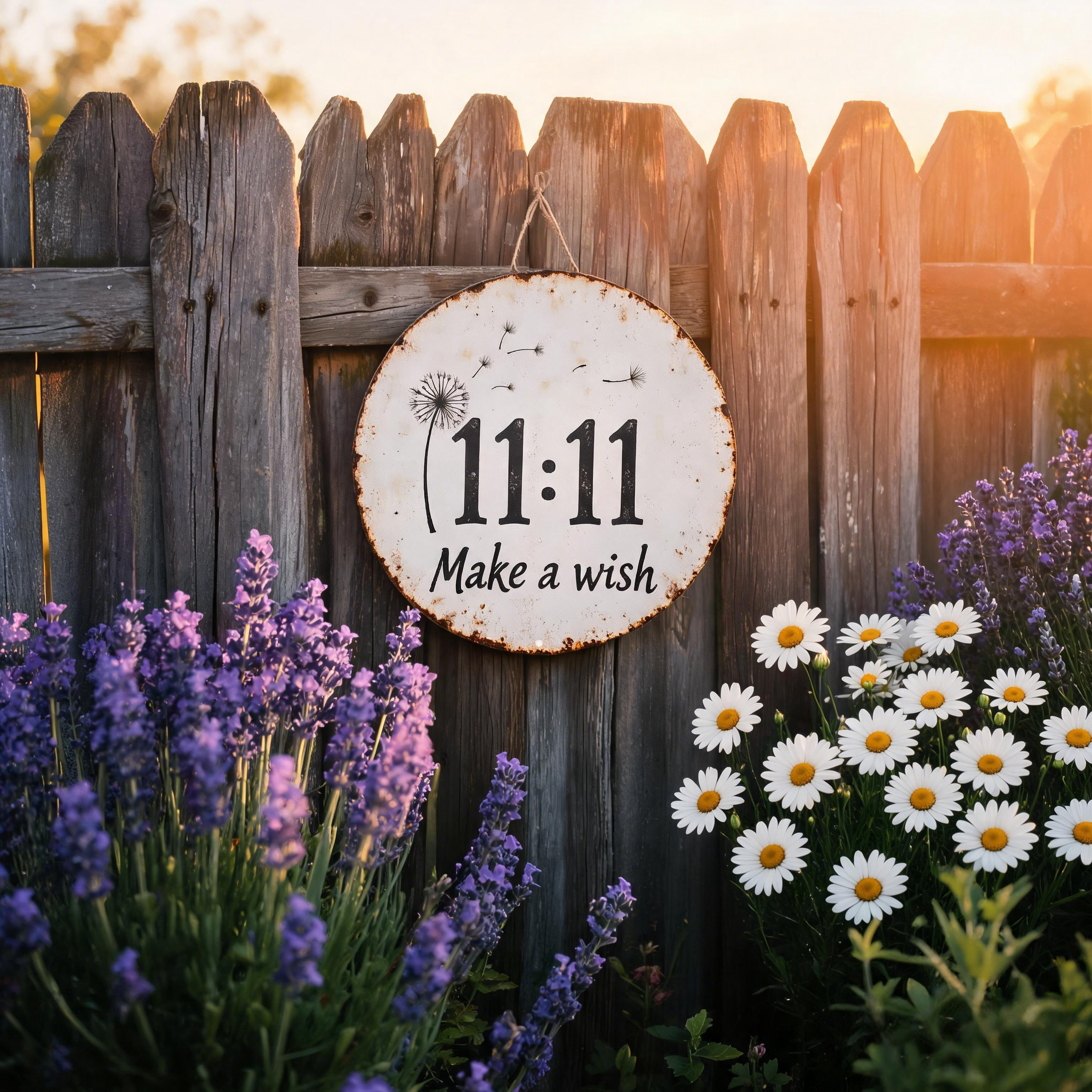 Pyöreä, maalaismainen metallikyltti, jossa on voikukka 11:11 -aihe toiveen muodossa