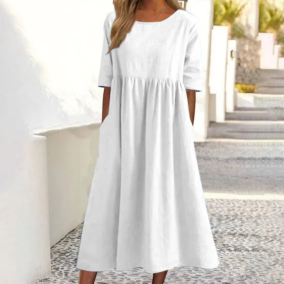 🔥Summer Hot Sale🔥Rundhalsficka bomullsklänning