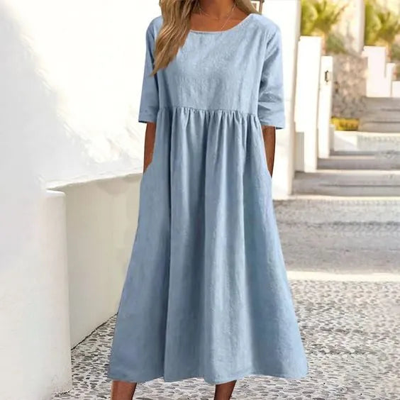 🔥Summer Hot Sale🔥Rundhalsficka bomullsklänning