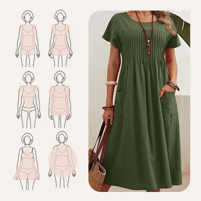 👗 50% ALE! ✨ Naisten laskostettu mekko lyhyillä hihoilla ja taskuilla – puuvilla-pellavasekoitetta, mukava ja täydellinen kesään ☀️