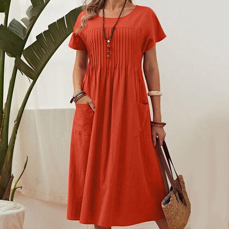 👗 50% ALE! ✨ Naisten laskostettu mekko lyhyillä hihoilla ja taskuilla – puuvilla-pellavasekoitetta, mukava ja täydellinen kesään ☀️