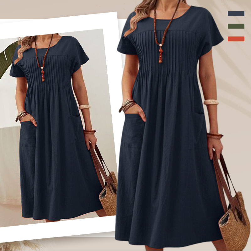 👗 50% ALE! ✨ Naisten laskostettu mekko lyhyillä hihoilla ja taskuilla – puuvilla-pellavasekoitetta, mukava ja täydellinen kesään ☀️
