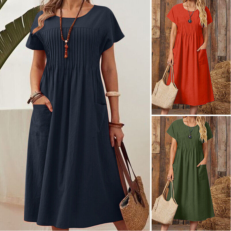 👗 50% ALE! ✨ Naisten laskostettu mekko lyhyillä hihoilla ja taskuilla – puuvilla-pellavasekoitetta, mukava ja täydellinen kesään ☀️