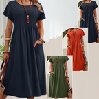 👗 50% ALE! ✨ Naisten laskostettu mekko lyhyillä hihoilla ja taskuilla – puuvilla-pellavasekoitetta, mukava ja täydellinen kesään ☀️