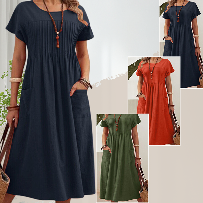 👗 50% ALE! ✨ Naisten laskostettu mekko lyhyillä hihoilla ja taskuilla – puuvilla-pellavasekoitetta, mukava ja täydellinen kesään ☀️