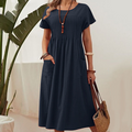 👗 50% ALE! ✨ Naisten laskostettu mekko lyhyillä hihoilla ja taskuilla – puuvilla-pellavasekoitetta, mukava ja täydellinen kesään ☀️