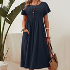 👗 50% ALE! ✨ Naisten laskostettu mekko lyhyillä hihoilla ja taskuilla – puuvilla-pellavasekoitetta, mukava ja täydellinen kesään ☀️