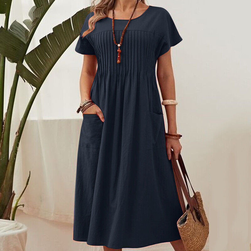 👗 50% ALE! ✨ Naisten laskostettu mekko lyhyillä hihoilla ja taskuilla – puuvilla-pellavasekoitetta, mukava ja täydellinen kesään ☀️