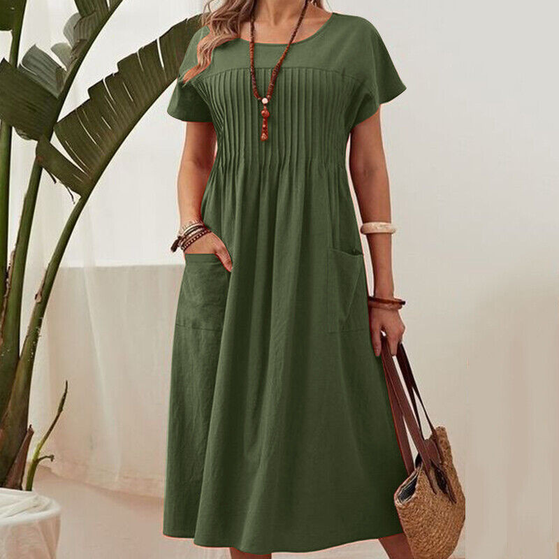 👗 50% ALE! ✨ Naisten laskostettu mekko lyhyillä hihoilla ja taskuilla – puuvilla-pellavasekoitetta, mukava ja täydellinen kesään ☀️