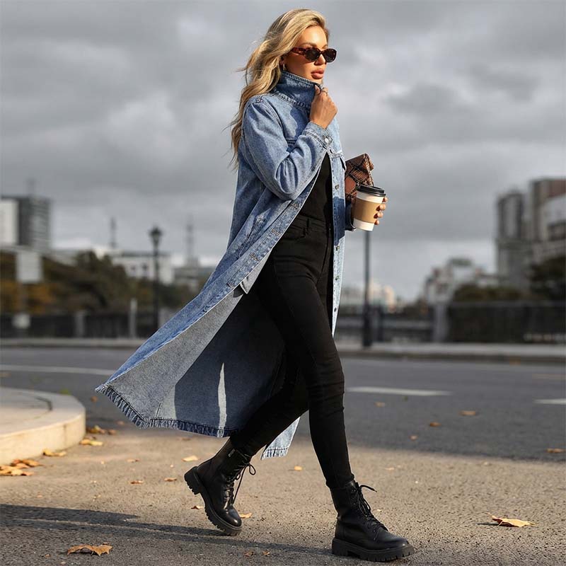Naisten rento pitkähihainen farkkutakki, jossa napit