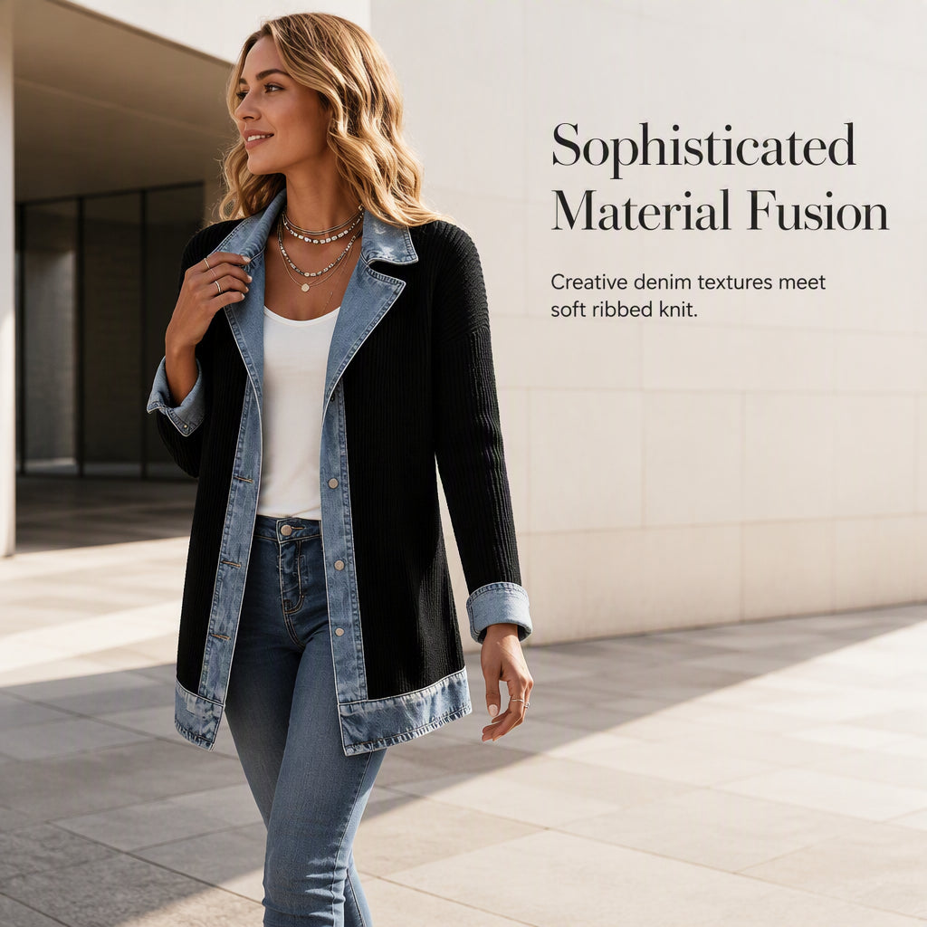 ⌛Rajoitetun ajan tarjous - Naisten elegantti denim-saumattu joustinneule takki✨3 % alennuskuponkikoodi: VAL3