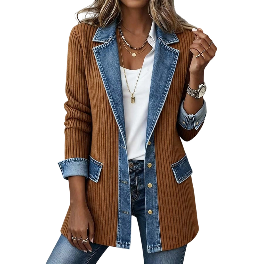 ⌛Rajoitetun ajan tarjous - Naisten elegantti denim-saumattu joustinneule takki✨3 % alennuskuponkikoodi: VAL3