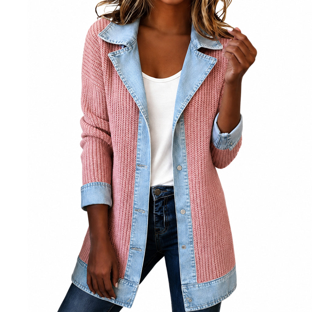 ⌛Rajoitetun ajan tarjous - Naisten elegantti denim-saumattu joustinneule takki✨3 % alennuskuponkikoodi: VAL3